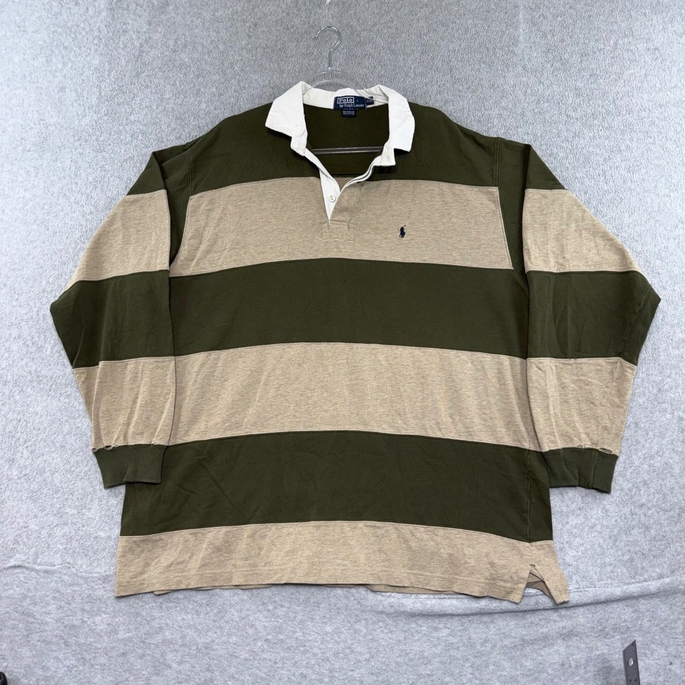 Polo Ralph Lauren Rugby Shirt Mens XXL Green Tan Striped Long Sleeve Cotton